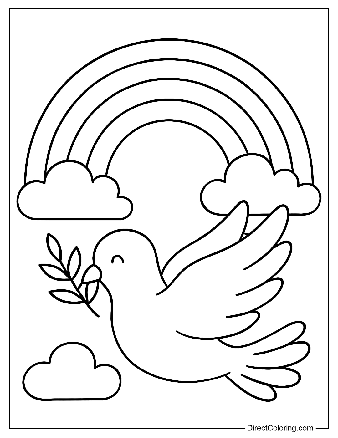 Dove with olive branch flying over a bright rainbow coloring page